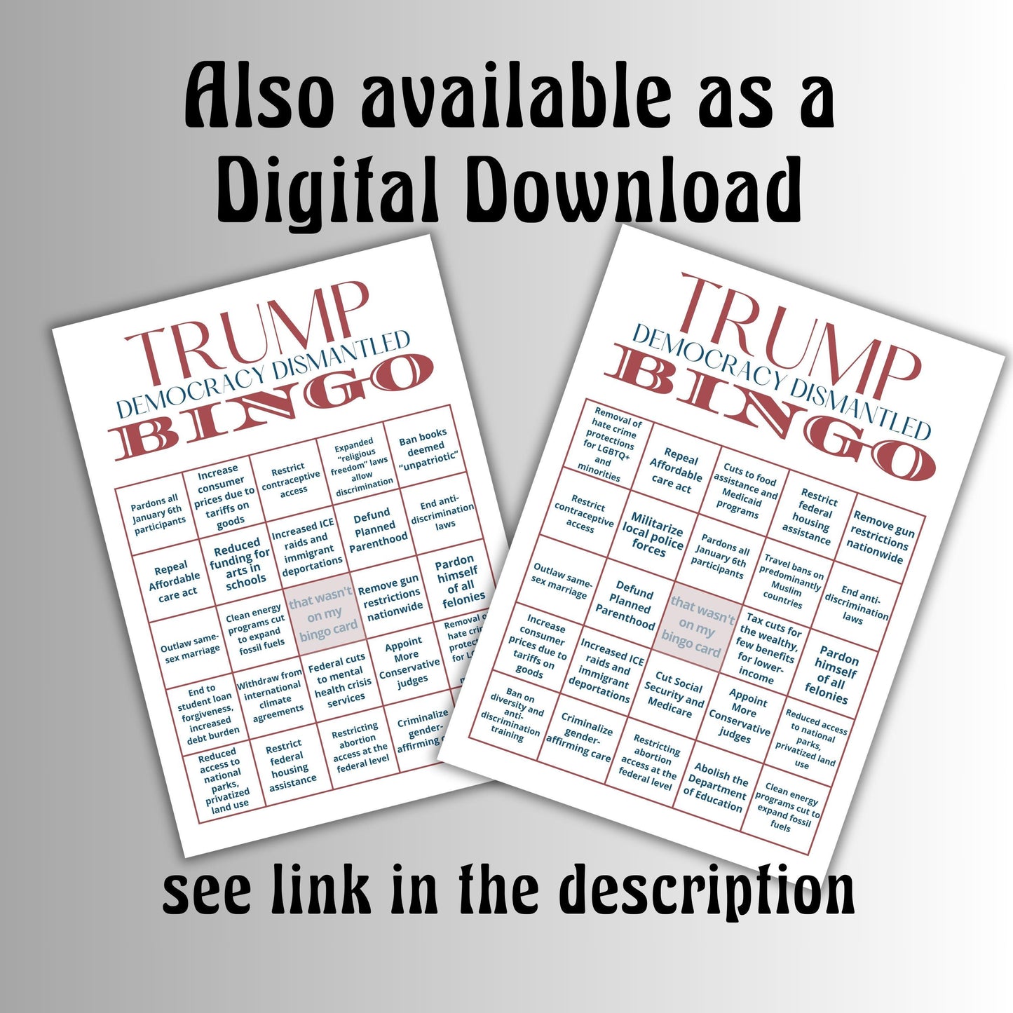 Trump Bingo Card | Trump 2024 Presidency Dark Humor Anti-Trump Satire | Democracy Dismantled | Trump 2024